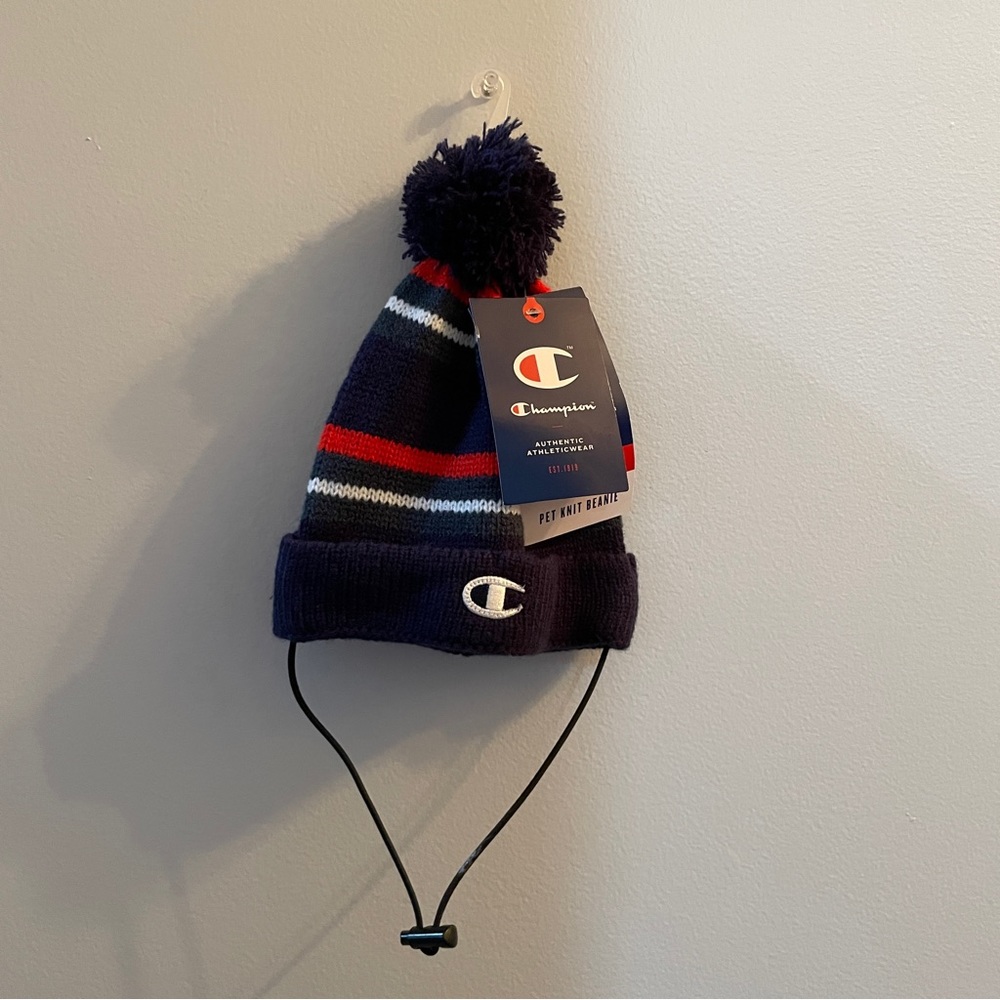 NWT Champion Blue Green Red White Striped Pom Pom Knit Pet Beanie Size L/XL